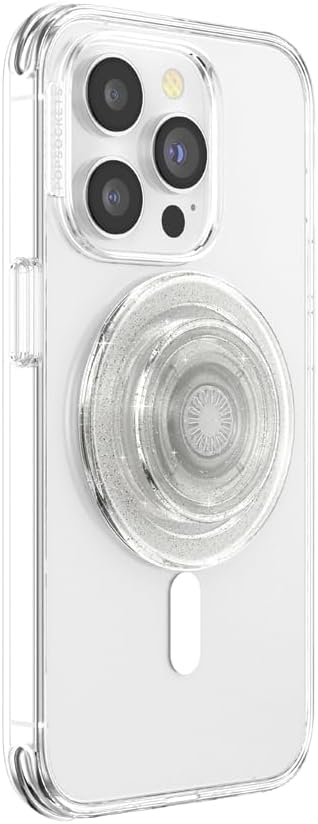 PopSockets Round Phone Grip Compatible with MagSafe, Adapter Ring Included - Clear Glitter, Wireless Charging Compatible