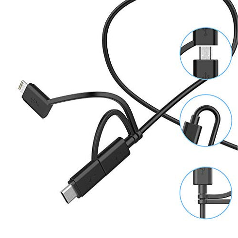 Apple MFI Certified 3-in-1 Cable, Lightning/Type C/Micro USB for iPhone, iPad, Samsung Galaxy, 3FT Black