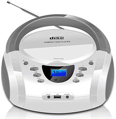 LONPOO CD Player Portable Boombox with FM Radio, USB, Bluetooth, AUX Input, Stereo Sound Speaker & Audio Player, White
