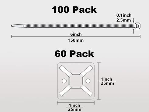 100 Pack Black Plastic Nylon Cable Ties with 60 Self Adhesive Wire Tidy Clips, 25x25mm Mount Base Holders