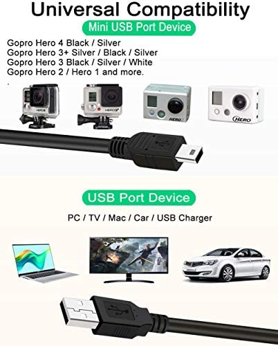 3ft Mini USB Charger Cable for GoPro Hero 4 Silver/Black, Hero 3+/3 White/Black/Silver, Hero 2/1 - Data Sync & Power