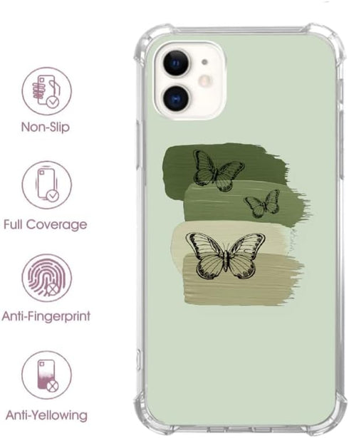 Sage Green Phone Case Compatible with iPhone 11, Green Aesthetic Butterfly Trippy Cover for Men Women, Unique Soft TPU