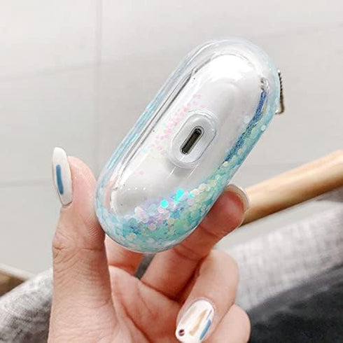 UnnFiko Bling Quicksand Case for AirPods 1 & 2 - Cute Sparkle Liquid Protective Case with Keychain (Blue)