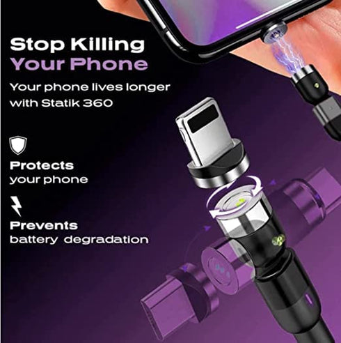 Statik 360 Magnetic Charging Cable - 3FT/1M USB to USB-C, Micro-USB, iPhone Charger, 90° Angle, LED Light, Black.