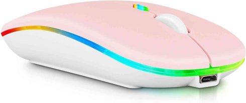 Rechargeable Bluetooth Keyboard and Mouse Combo Ultra Slim for Amazon Fire HD 10 Plus (2021) and All Bluetooth Enabled Android/PC-Baby Pink Keyboard with Baby Pink RGB LED Mouse