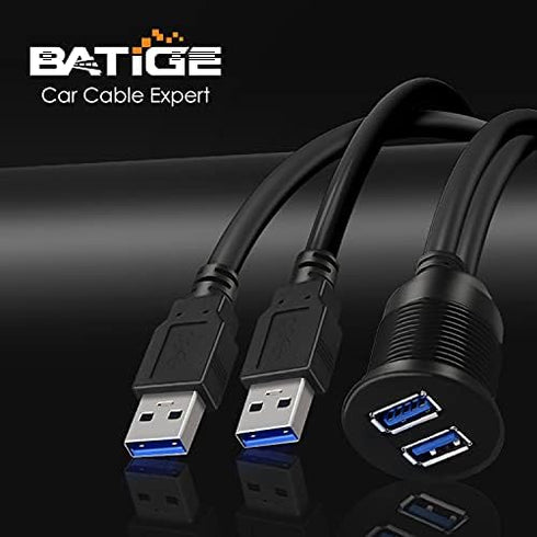 BATIGE 2 Ports Dual USB 3.0 Male to USB 3.0 Female AUX Flush Mount Car Extension Cable for Car Truck Boat Motorcycle,
