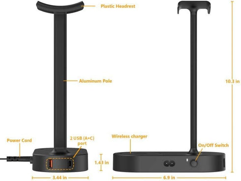 COZOO Headphone Stand with Fast Wireless Charging Pad and 2 USB Charging Ports for Gaming, DJ Accessories