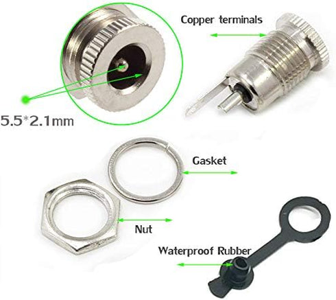 5.5 x 2.1 MM 10A DC Power Jack Cord Socket Threaded Female Mount Connector Adapter with Waterproof Cover