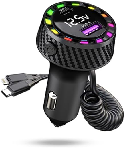 Car Charger Adapter, 4-in-1 Multi-Port Fast Charger 3.1A with Type C Coiled Cable, Compatible with iPhone