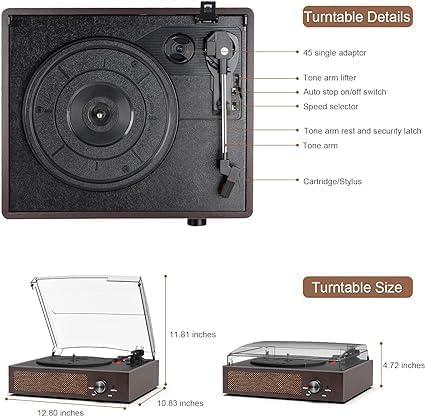 Vinyl Record Player Turntable with Built-in Bluetooth Receiver, 2 Stereo Speakers, 3 Speed Portable Retro Record Player