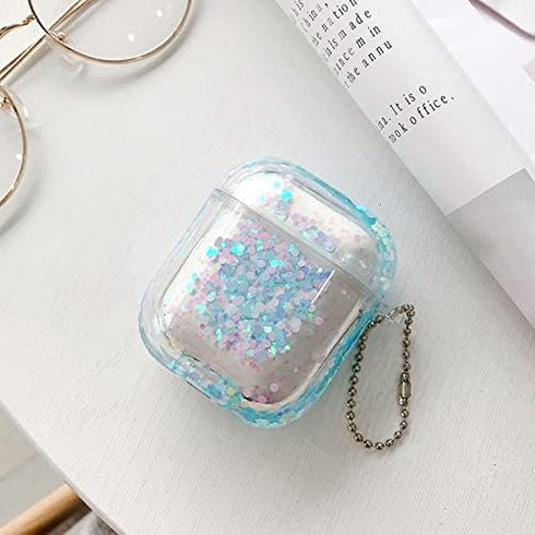 UnnFiko Bling Quicksand Case for AirPods 1 & 2 - Cute Sparkle Liquid Protective Case with Keychain (Blue)