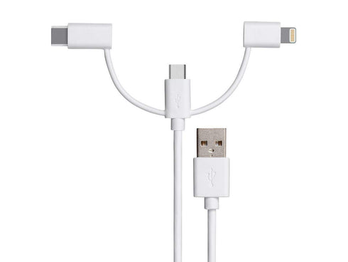 Monoprice 3-in-1 Multiport Charging Cable - USB to USB Micro-B + USB-C + Lightning, 3 Feet, White - Essential Series