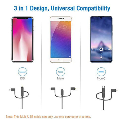 Apple MFI Certified 3-in-1 Cable, Lightning/Type C/Micro USB for iPhone, iPad, Samsung Galaxy, 3FT Black