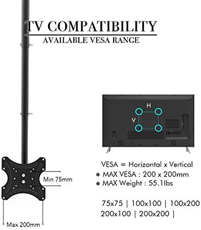 Generic Mount,360 (-15/+5), 32-55 Inch 75x75 200x200mm, Commercial Ceiling TV Swivel & Tilt Height Adjustable