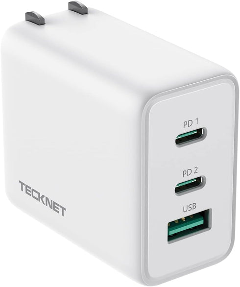 TECKNET 65W USB C Charger PD 3.0 GaN, Foldable Adapter with 3-Port Fast Wall Charger for iPhone 15 Pro Max/15