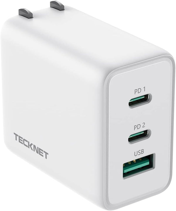 TECKNET 65W USB C Charger PD 3.0 GaN, Foldable Adapter with 3-Port Fast Wall Charger for iPhone 15 Pro Max/15