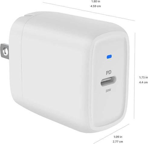 Amazon Basics 20W One-Port USB-C Wall Charger, Power Delivery PD for Tablets & Phones, White