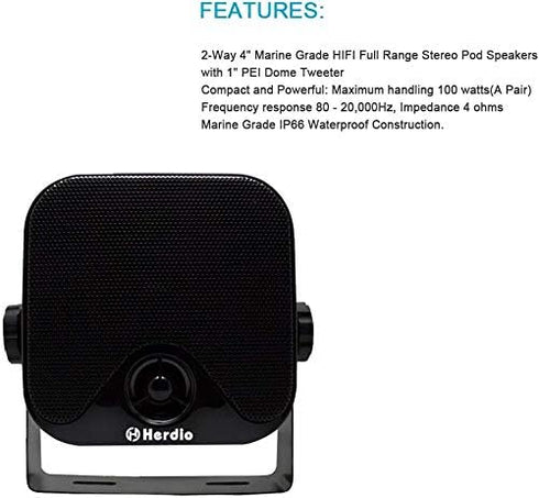 Heavy Duty Waterproof Boat Marine Box Speakers, 4 Inches, Surface Mounted for ATV UTV RZR Golf Cart