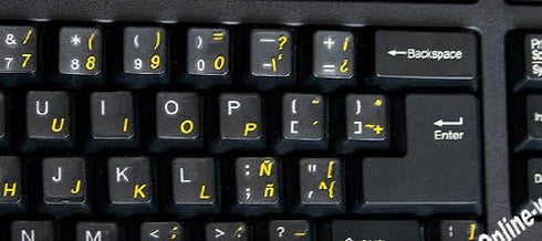 Spanish Latin American Keyboard Stickers, Yellow Letters on Transparent Background for Any Laptop PC Notebook