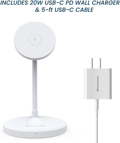 Techsmarter 2-in-1 Magnetic Wireless Charging Stand with 20W USB-C Wall Charger & 5ft USB-C Cable for iPhone 12/13/14
