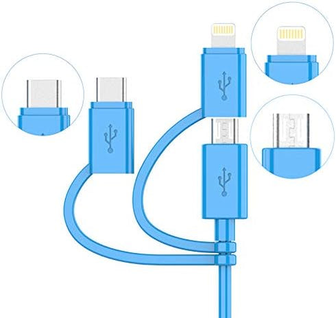 Apple MFI Certified 3-in-1 Cable (6FT) - Lightning, Type C, Micro USB for iPhone, iPad, Samsung Galaxy, Android & more.
