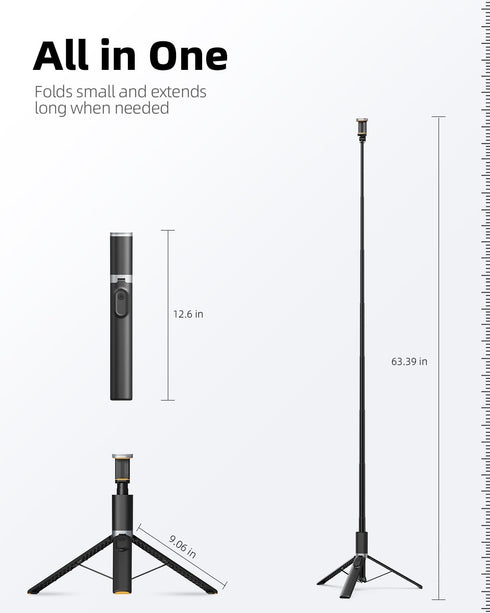 TODI 63" All-in-1, Cell Phone Selfie Stick Tripod, Portable Tripod for iPhone with Wireless Remote, Extendable