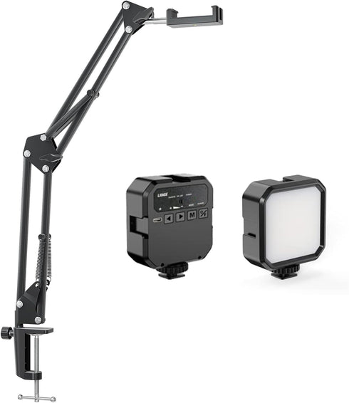 Overhead Phone Mount, Articulating Arm Cell Phone Holder with LED Light, Flexible Phone Stand for Live Streaming, Video
