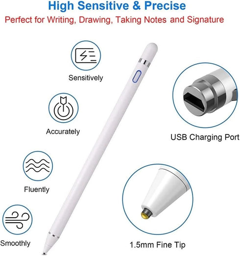 Rechargeable Active Stylus Pencil Compatible with Apple iPad, Fine Point Stylist for Touch Screens and Other Tablets