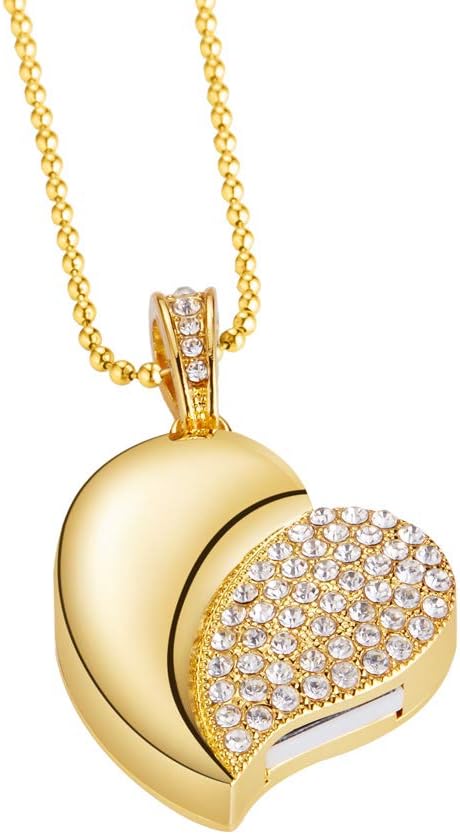 USB Flash Drive, Diamond Heart 32GB USB2.0 Waterproof Memory Stick, Date Storage Pendrive Thumb Drive (Gold Heart)