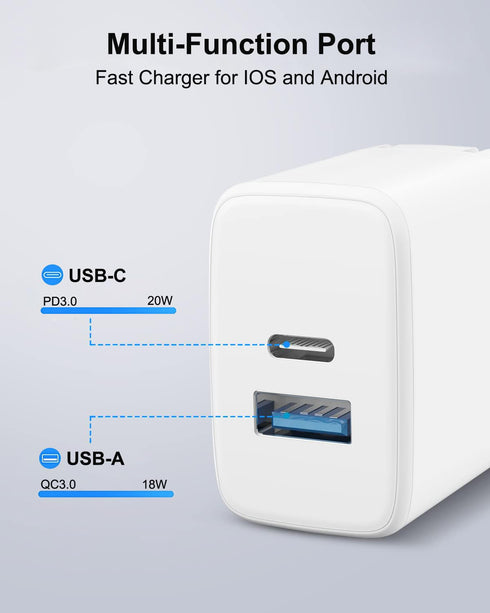 20W Dual Port Fast Charger for iPad 9th/8th/7th Gen 10.2 inch, iPad Air 3/2, with 6.6ft USB-C to Lightning Cable
