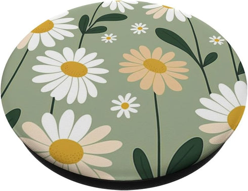 White Daisy Flower Floral Botanical Sage Green PopSockets Standard PopGrip
