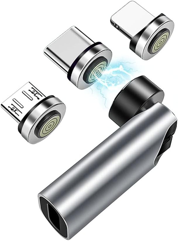 USB C Magnetic Adapter, 540 Degree Rotation 3 in 1 QC 3.0 Fast Charging Max Support 3A, Grey