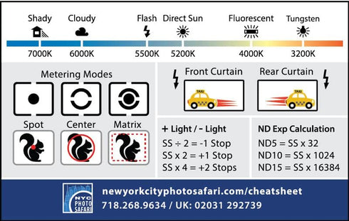 DSLR/mirrorless Photography Cheat Sheets, Credit Card Size Reference Card for Canon, Sony & Nikon