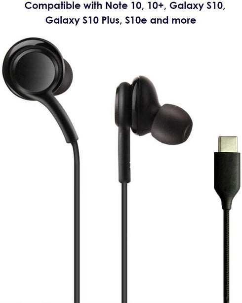 Earbuds Stereo Headphones for Samsung Galaxy Note 10, Note 10+, Galaxy S10, S9 Plus, S10e - DJ Tuned - Braided Cable with Microphone and Volume Remote Type-C Connector - Black