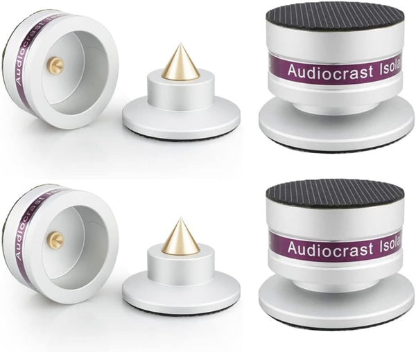 Tertullus 4 Pcs Aluminum Speaker Spike and Isolation Feet Top Pad for Turntable, Amplifier, and Subwoofer (Silver)