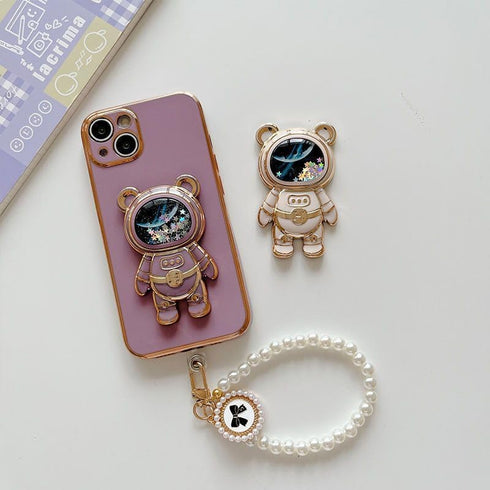 Black Cute Phone Stand Holder, Adjustable Tablet Phone Ring Stand, Astronaut Design with 3D Moving Star Sequins