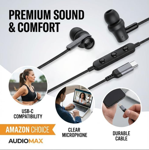 USB C Wired Earphones with Microphone & Volume Control, Type-C in-Ear Headphones with Portable Pouch & Noise Isolating