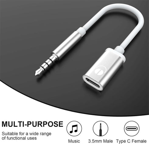 Tiosen 3.5mm MP3 Male to Type-C Female Audio Adapter Cable, White, Compatible with Smartphones, Players, Laptops