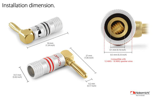 Nakamichi Excel Series 24k Gold Plated Right Angle Banana Plug 12-18 AWG 4mm for Speakers, 8 Pcs (4-Pairs)