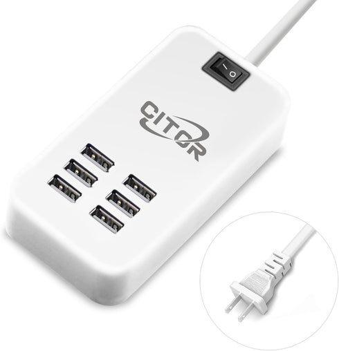 Multi USB Charger, 6 Port USB Charging Station for Multiple Devices with ON/Off Switch (White)