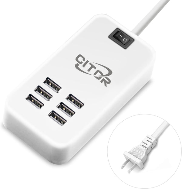 Multi USB Charger, 6 Port USB Charging Station for Multiple Devices with ON/Off Switch (White)