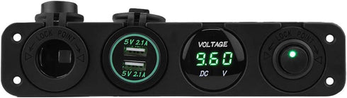 12 24V LED Dual USB Voltmeter & Cigar Lighter Power Outlet, 4 Hole Panel Switch, Green, LED Lighted ON/Off