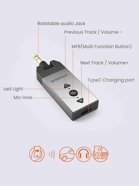 MaedHawk Bluetooth Aux Adapter for Car, 3.5mm Wireless Bluetooth Audio Receiver for Home Stereo Speaker, Handsfree Calls
