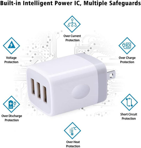 3 Port Wall Charger, 5V 3.1A USB Plugs, MultiPort Home Charging Block Compatible with iPhone 13 12 11 Pro XS Max,