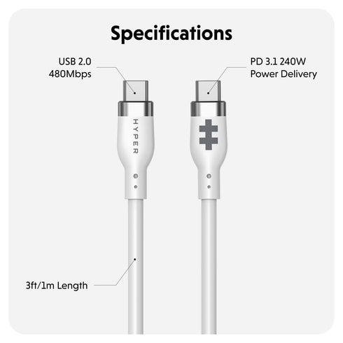 HyperJuice 240W USB C to USB C Cable (3ft/1m) for All Devices - Durable, Tangle-Free Design