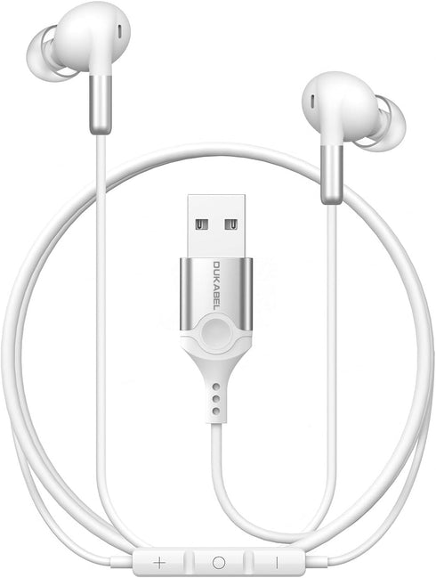 DUKABEL USB in-ear Headphones, White Gaming Earphone Headset with Microphone for PC/PS4/PS5, Live Conference, Video