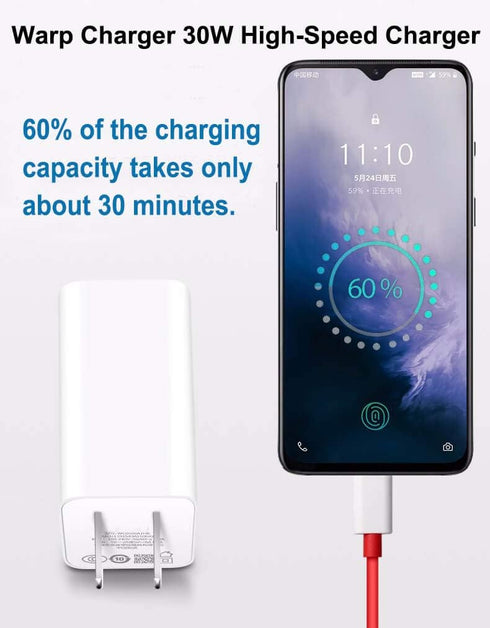 Warp Charger 30W Quick Rapid Charge Power Adapter with USB-C Fast Charging Cable, Compatible with OnePlus