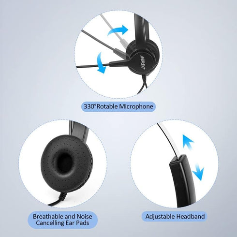 AGPTEK Hands-Free Call Center Noise Cancelling Corded Binaural Headset with 4-Pin RJ9 Crystal Head and Mic for Desk