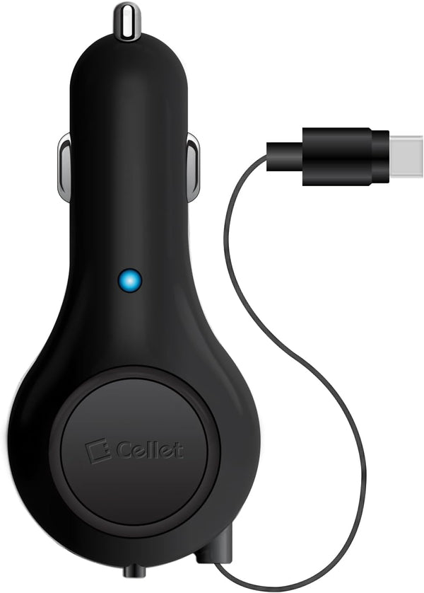 Retractable USB-C Fast Car Charger - Compatible with Apple iPhone 15, Samsung Galaxy Smartphones, Google Pixel, iPad