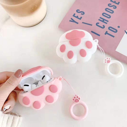 Cat Paw AirPods Case 1/2 - Compatible Protective Silicone Skin for Women - Funny Kawaii 3D Cover with Ring (Pink)